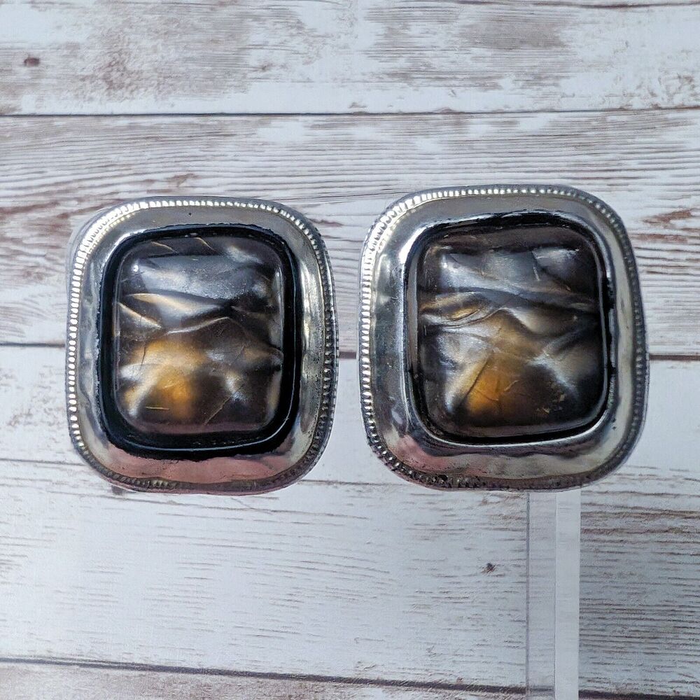 Vintage Clip On Earrings - Brown Caramel Tones 1 & 3/8" - Fair Condition